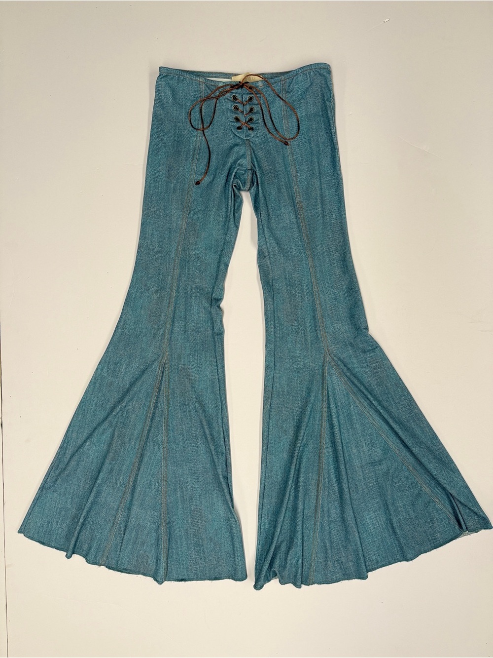 Indah Teal Lace-Up Waist Jeans with Brown Cord
